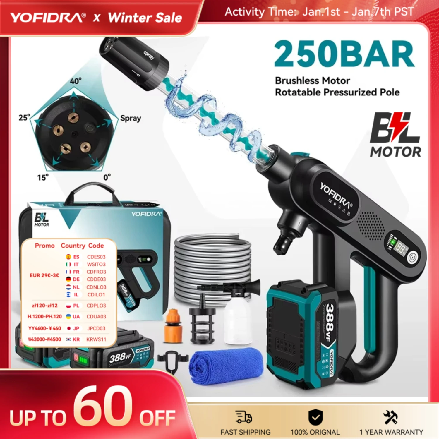 YOFIDRA 250Bar Brushless High Pressure Car Washer Gun 3 Gear Electric Garden Washing Water Wash Spray Gun for Makita 18V Battery