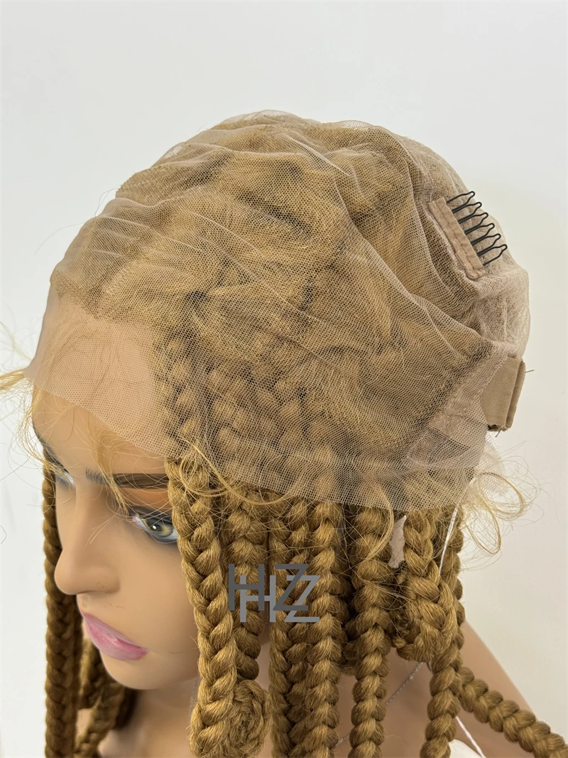HZ 27 #   Perucas sintéticas sem nós com tranças de renda completa, peruca trançada com cabelo de bebê, trança natural para mulheres negras