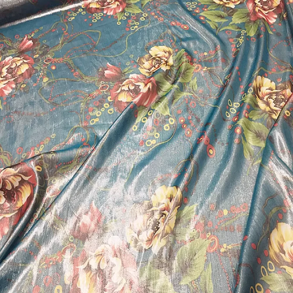Blue Color Best Quality Metallic Shiny Silk Fabric with Big Flower Print for Girls Charming Party Dress Shawl Lame Design