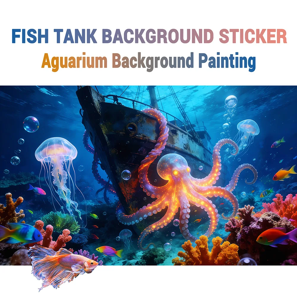 The Glowing Octopus, Fish Tank Background Painting, Aquarium Stickers, Self-Adhesive Front, Aquarium Landscape Decoration