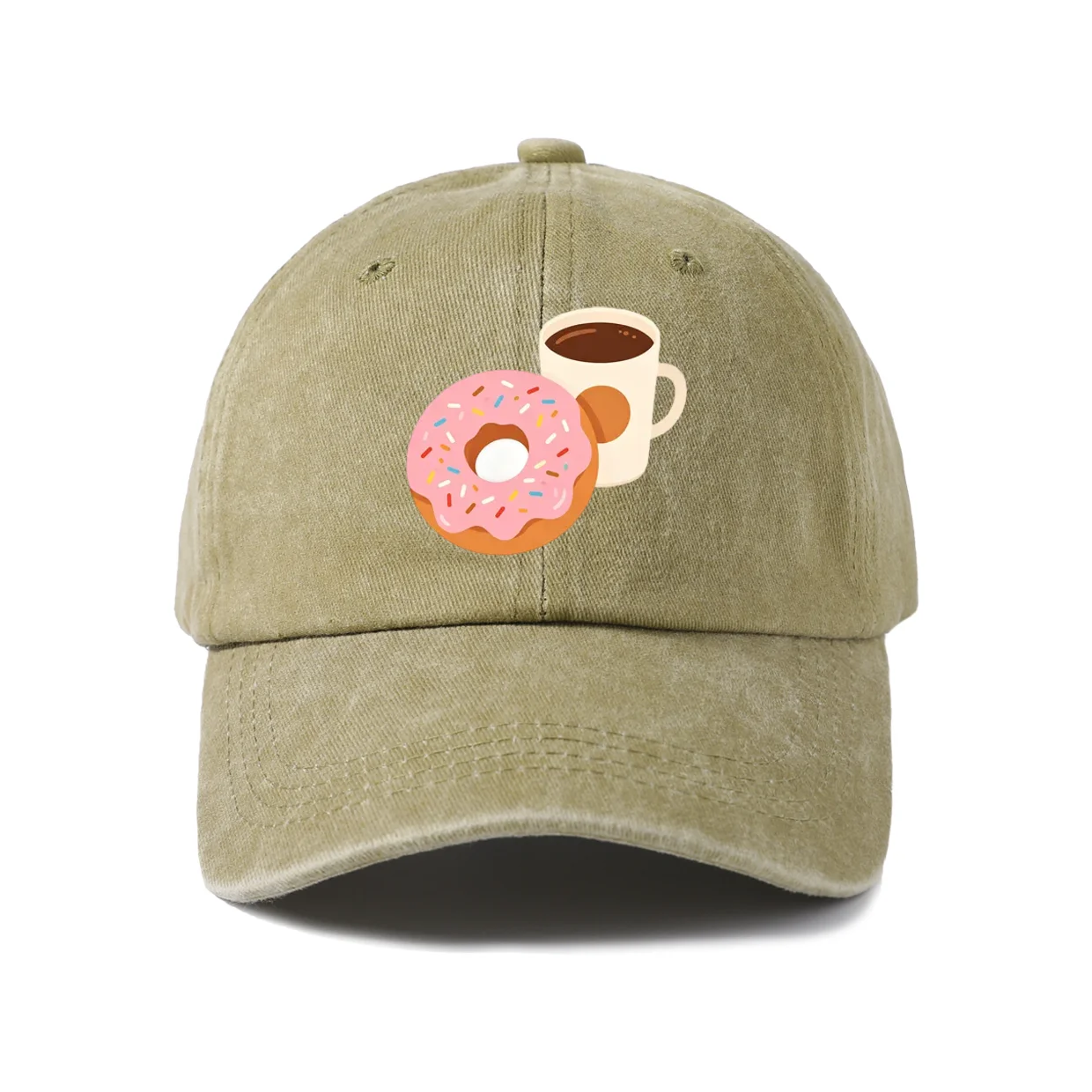 Coffee and Pink Donut Graphic Baseball Cap, Vintage Washed Adjustable Unisex Dad Hat, Coffee Food Lover Gift