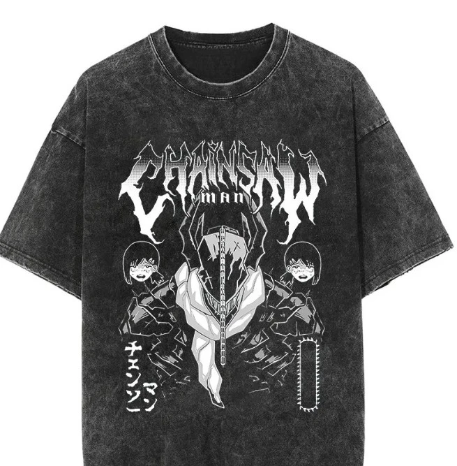 

New High-quality Japanese Animation Chainsaw Man Printing Round Neck Short Sleeve Washed Old T-shirt Loose Men and Women