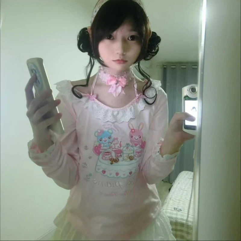 الصيف اليابانية الحلو Y2k Harajuku تي شيرت المرأة لطيف وهمية اثنين طويلة الأكمام تيز موضة أنيمي طباعة المحاصيل القمم تونك القمم جديد #5