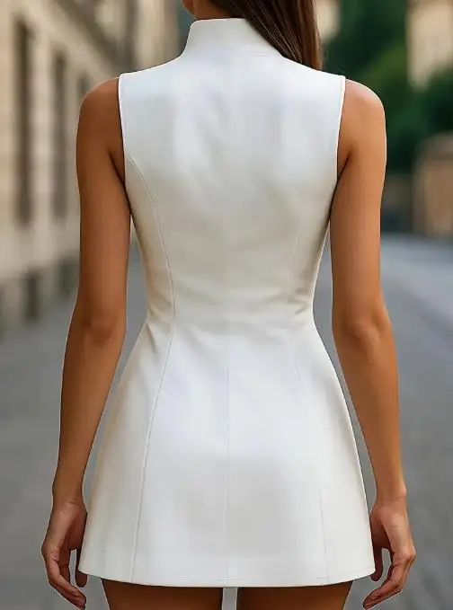 

Women's Dress 2025 Spring and Summer New Fashion Autumn Style Slim Fit Solid Color Stand Collar Sleeveless Suit Dress for Women