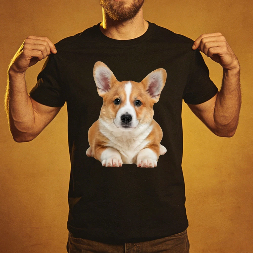 

Corgi Puppy Realistic Dog Graphic TShirt Men Summer Cotton Short Sleeve Pembroke Welsh Corgi Lover Casual Daily Life Shirt