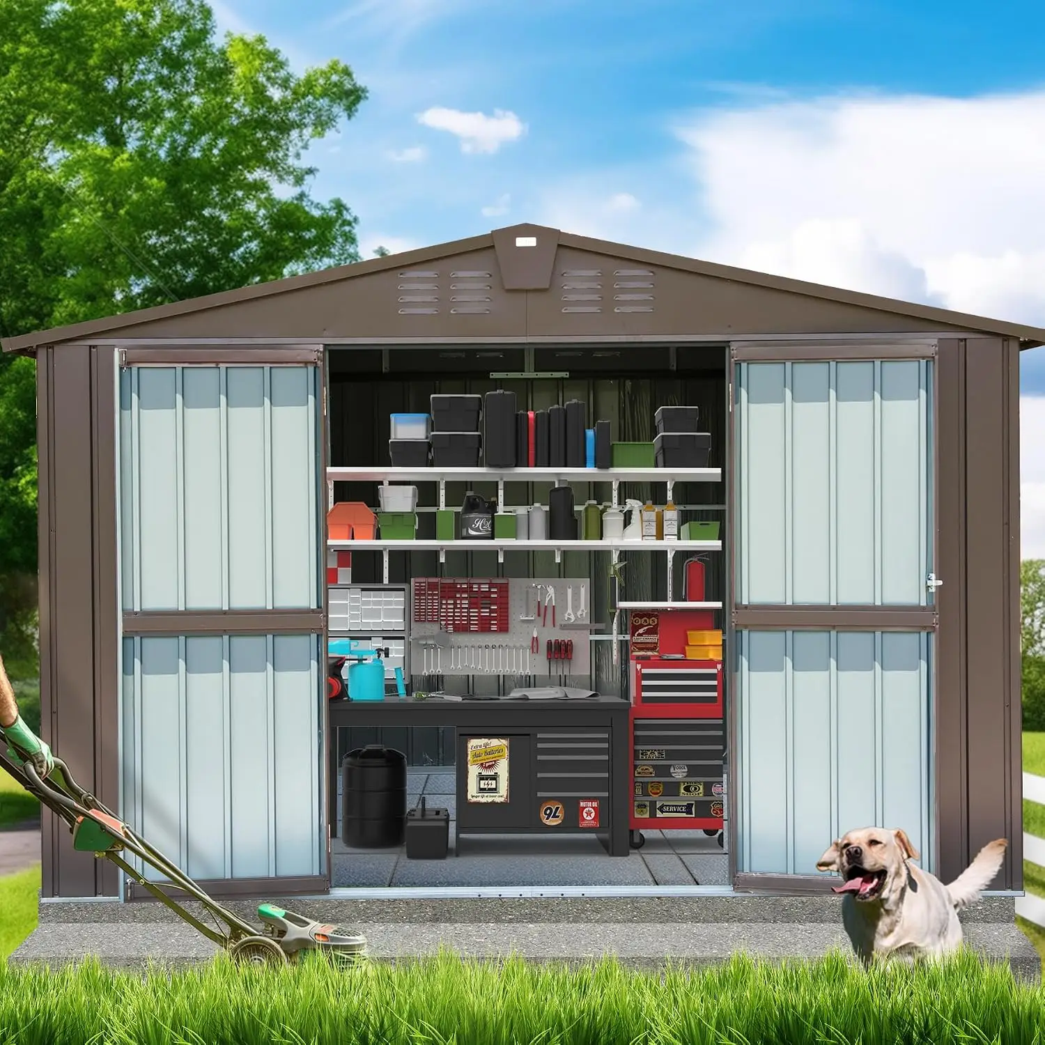 Storage Shed 10' x 8’, Metal Garden Shed with Galvanized Steel Frame for Bike, Tools, Lawn Mowers, Pool Toys