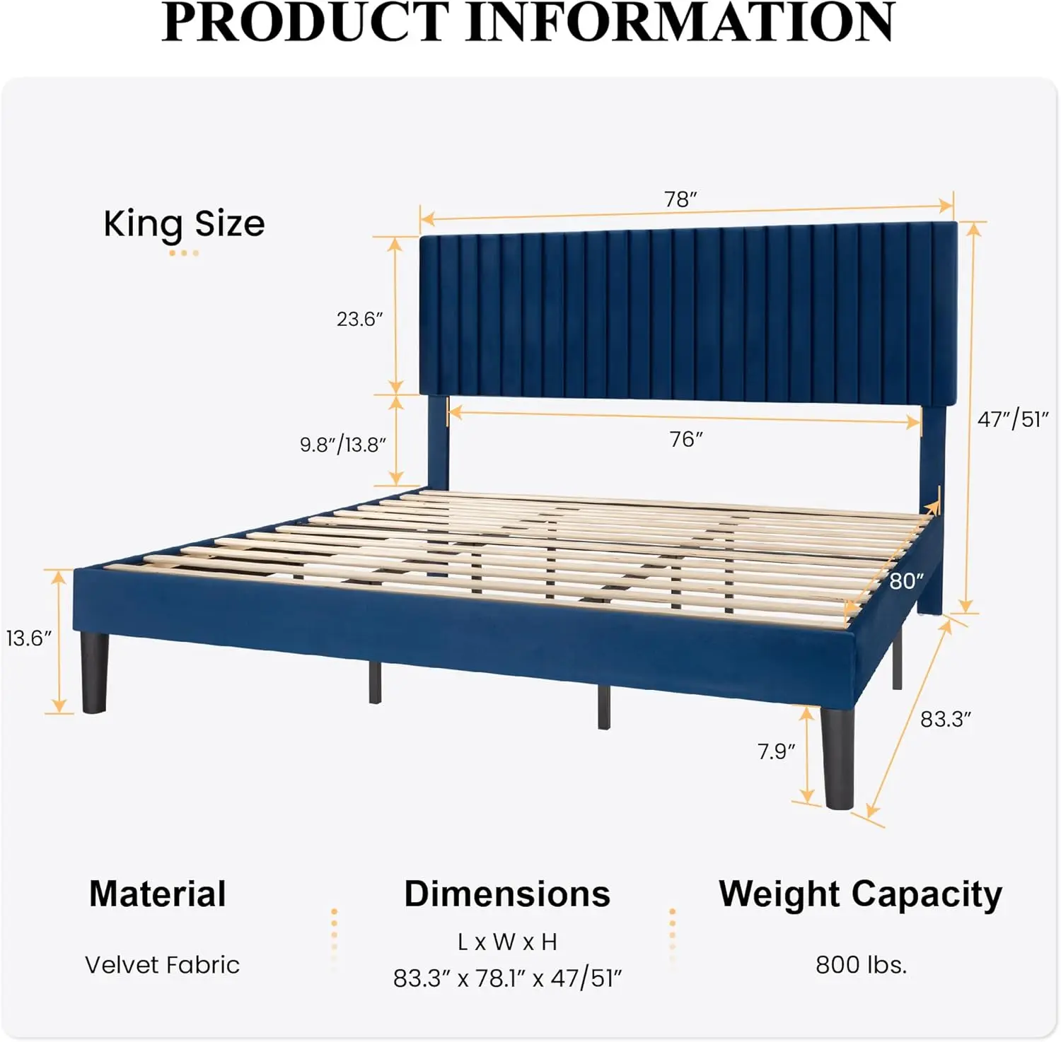 SHA CERLIN King Upholstered Platform Bed Frame Vertical Channel Tufted Velvet Fabric Adjustable Headboard Wooden Slats Support