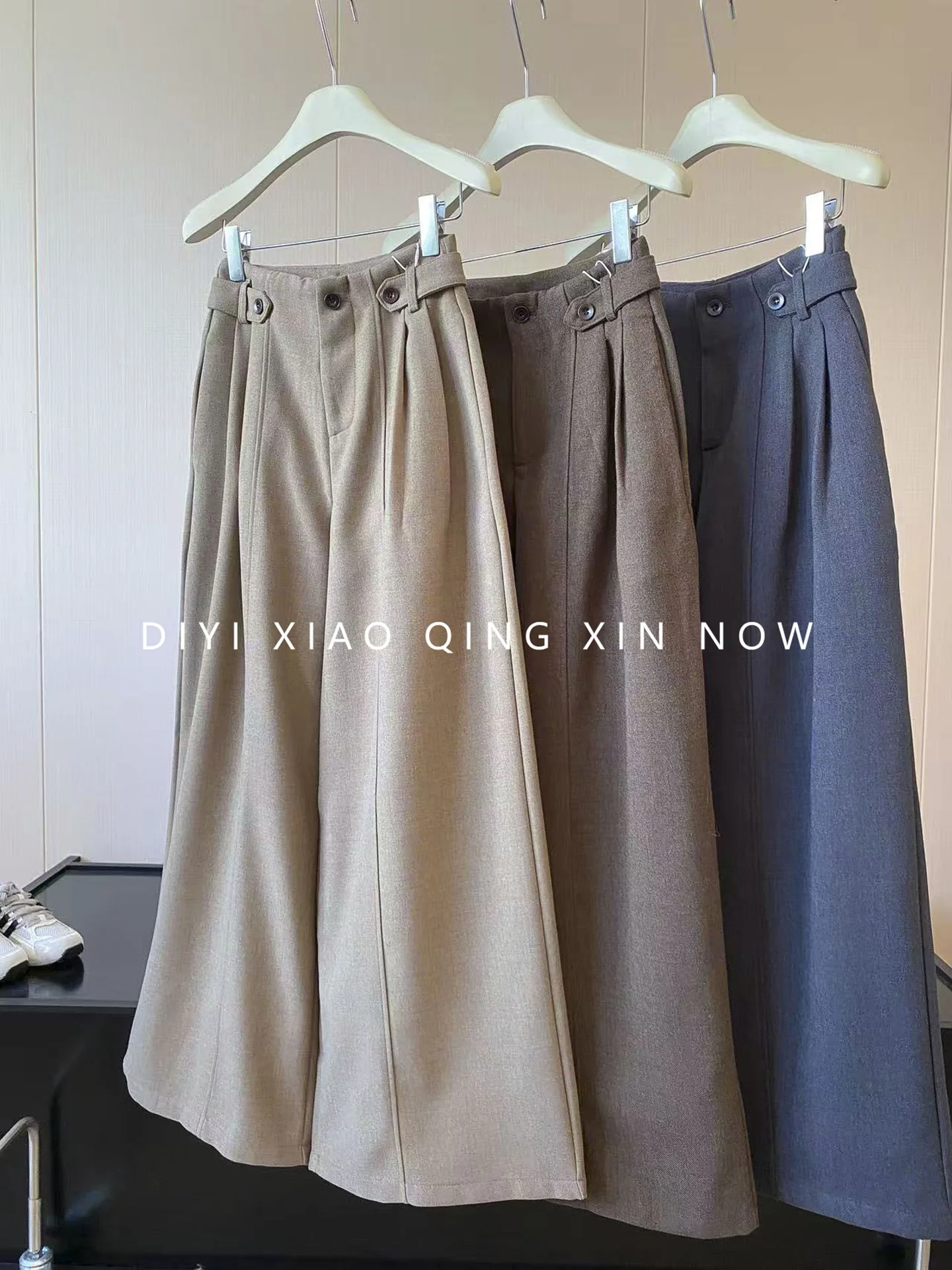 High Waist Wide Leg Pants Women's Autumn New Style Double Buckle Waist Pressed Pleat Loose Drape Casual Suit Long Pants