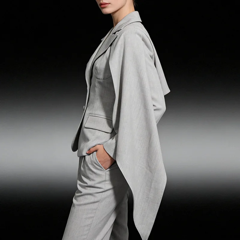 HKSH Women Stylish Blazer Irregular Ribbon Solid Color Single Breasted Waist Cinching Slim Fit Elegant Jacket New Spring HK19945