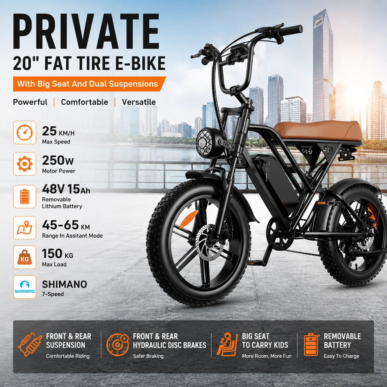 

OBX G60 E-Bike 20 Inch Fat Tire Electric Bike 1000W Powerful Motor 48V 15Ah Battery Dual Suspension Up to 31MPH Adults