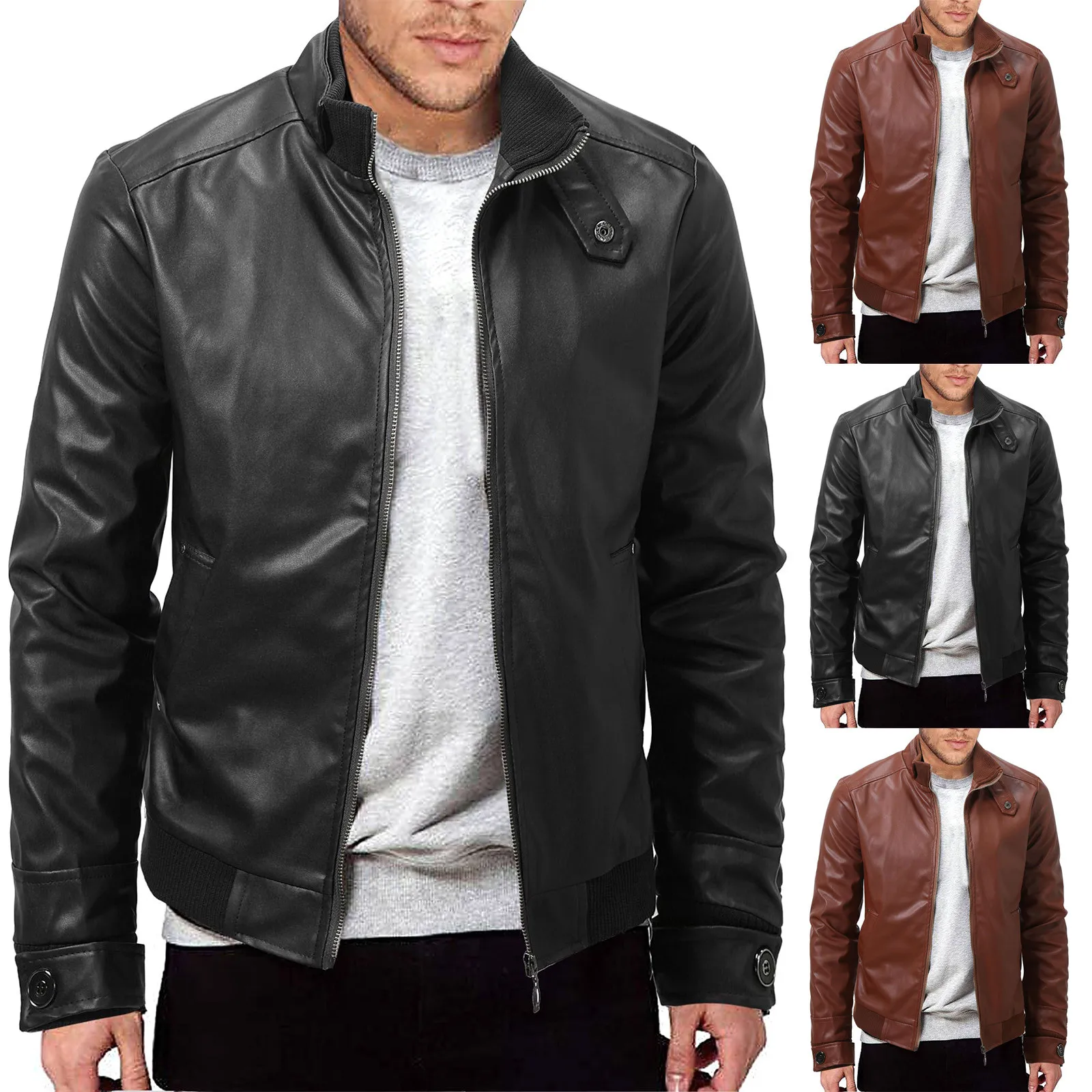 Spring Autumn Short Cool Black Leather Biker Jacket Men Zipper Long Sleeve Belt Plus Size European Fashion brand leather jackets