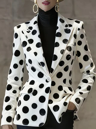Vintage Black & White Polka Dot Velvet Blazer for Women, Waist Cinched One Button Slim Short Commuter Elegant Suit Jacket