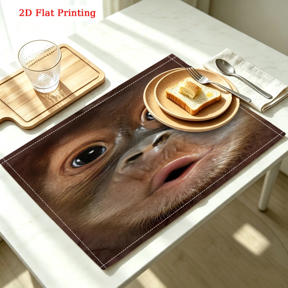2Pcs Modern Placemat Brown Cute Monkey Face Print Table Mat Kitchen Dining Decor Non Slip Heat Resistant 30X40Cm
