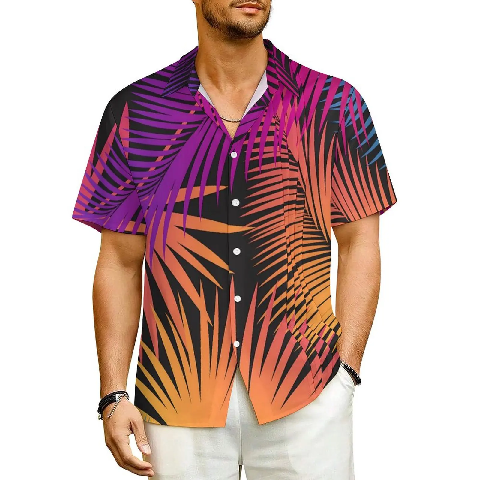 

Hawaiian Shirt Beach Tropical Leaf Blouses Palm Tree Leaves Classic Casual Shirts Men Short-Sleeve Streetwear Oversized Clothing