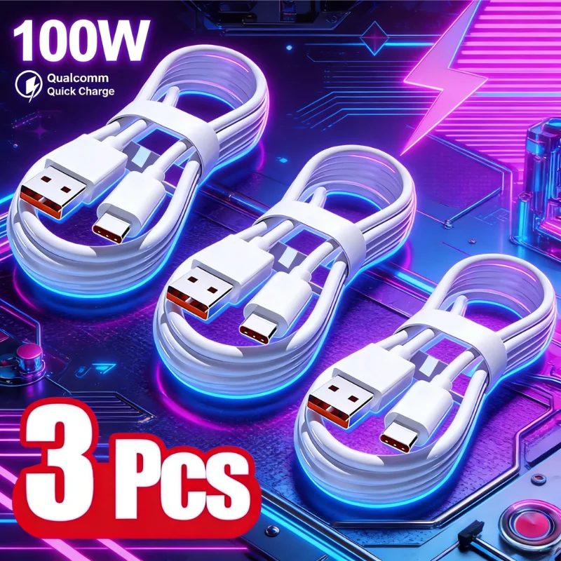 

Новый кабель USB-C для быстрой зарядки 6A 100W, 3 шт., Type-C, для телефонов Huawei, Xiaomi, Samsung, Redmi, быстрая зарядка, передача данных