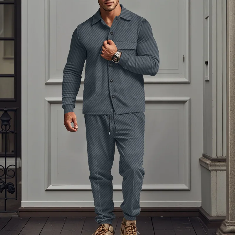 

Autumn Winter Men's Casual Suit Pure Color Tka Jaet And Pants with Diagonal Pattern And Embroidery Long Sve Long Pants