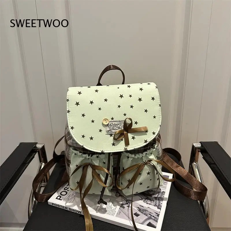 Women's Sweet-Style Star-Plaid Bow-Decorated Drawstring Casual Backpack
