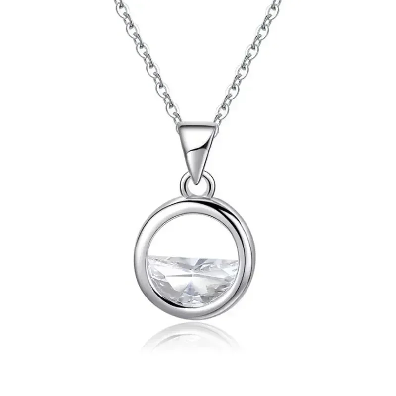 Silver Color Hollow Round Zircon Pendant Necklace Female Simple Clavicle Chain Elegant Temperament Gift