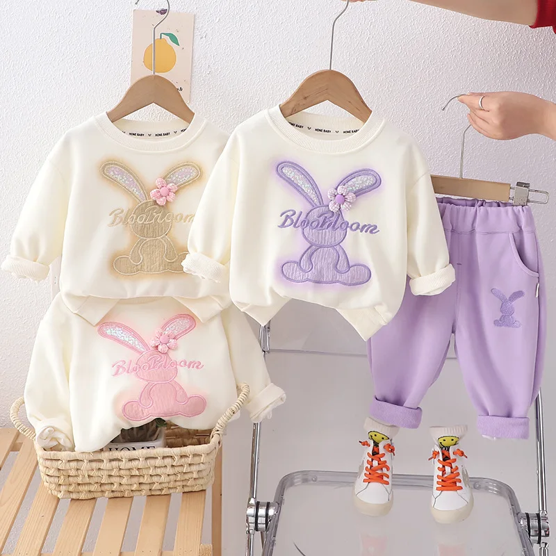 Baby girl spring clothes2024Spring and Autumn New Children\'s Cartoon Rabbit Long-Sleeved Sweater Two-Piece Set1-5Small Children\'