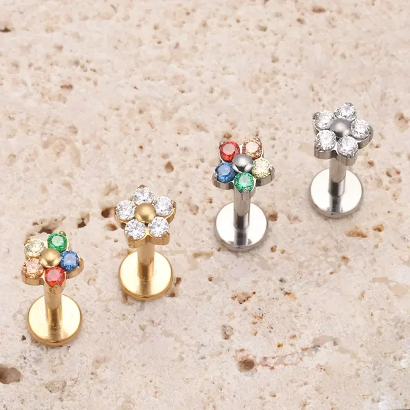 G23 Titanium Colorful Flower Lip Piercing Women 16G 18G Snowflake Heart CZ Tragus Cartilage Helix Conch Daith Earrings Piercing