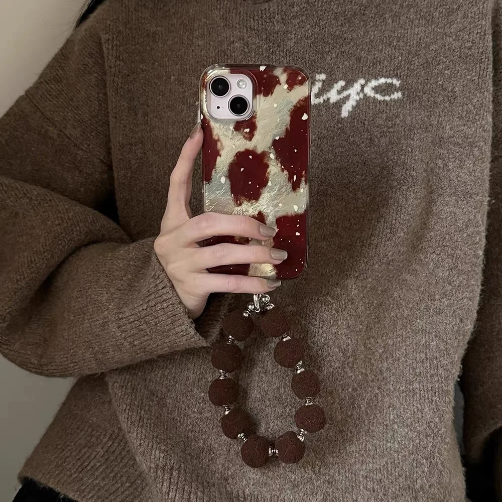 White splashed ink, red brown and yellow brown color block phone case with Plush ball chain for iPhone 11 12 13 14 15 16 pro max