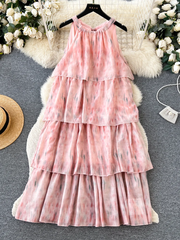 

New Women Beach Chiffon Dress Summer Sexy Hanging Neck Sleeveless Printed Layer Dress French Elegant Long Robe Vestidos