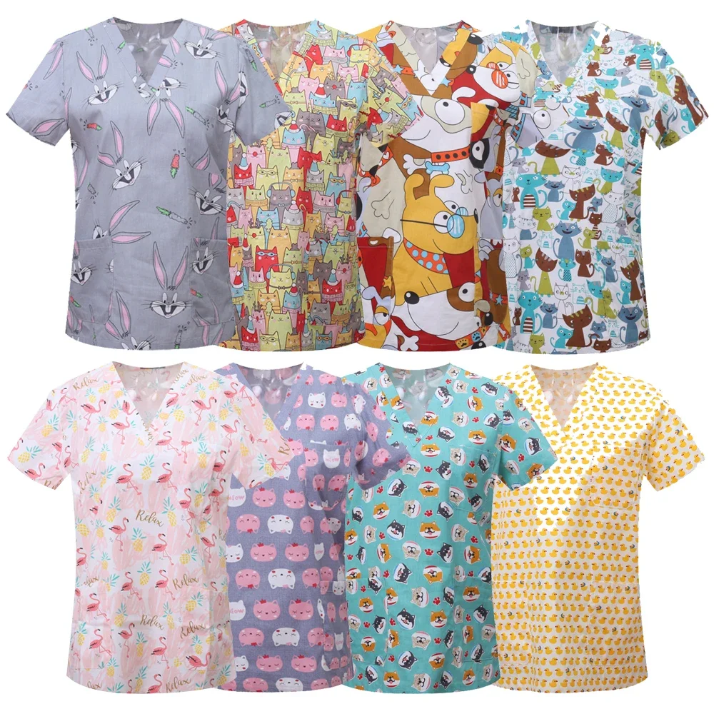 Wholesale Printed Scrub Top Pet Grooming Work Skull Top 24 Hours Delivery Hospital Women Scrubs Top Enfermagem Accessories