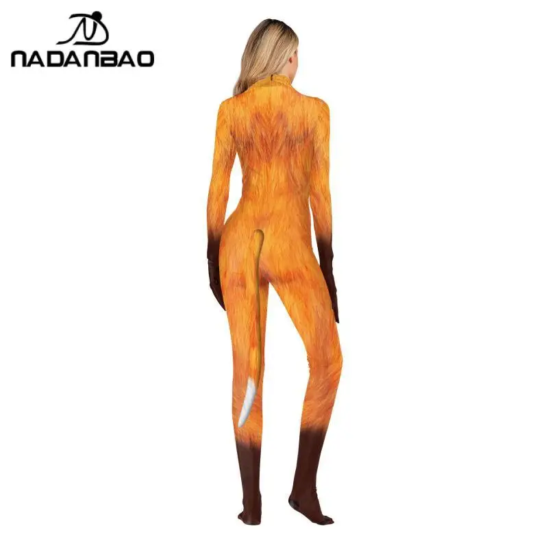 NADANBAO Halloween Cos Catsuit 3D Cáo Trang Phục In Hình Zentai Có Đuôi Nam Nữ Cơ Thể Gợi Cảm Petsuit