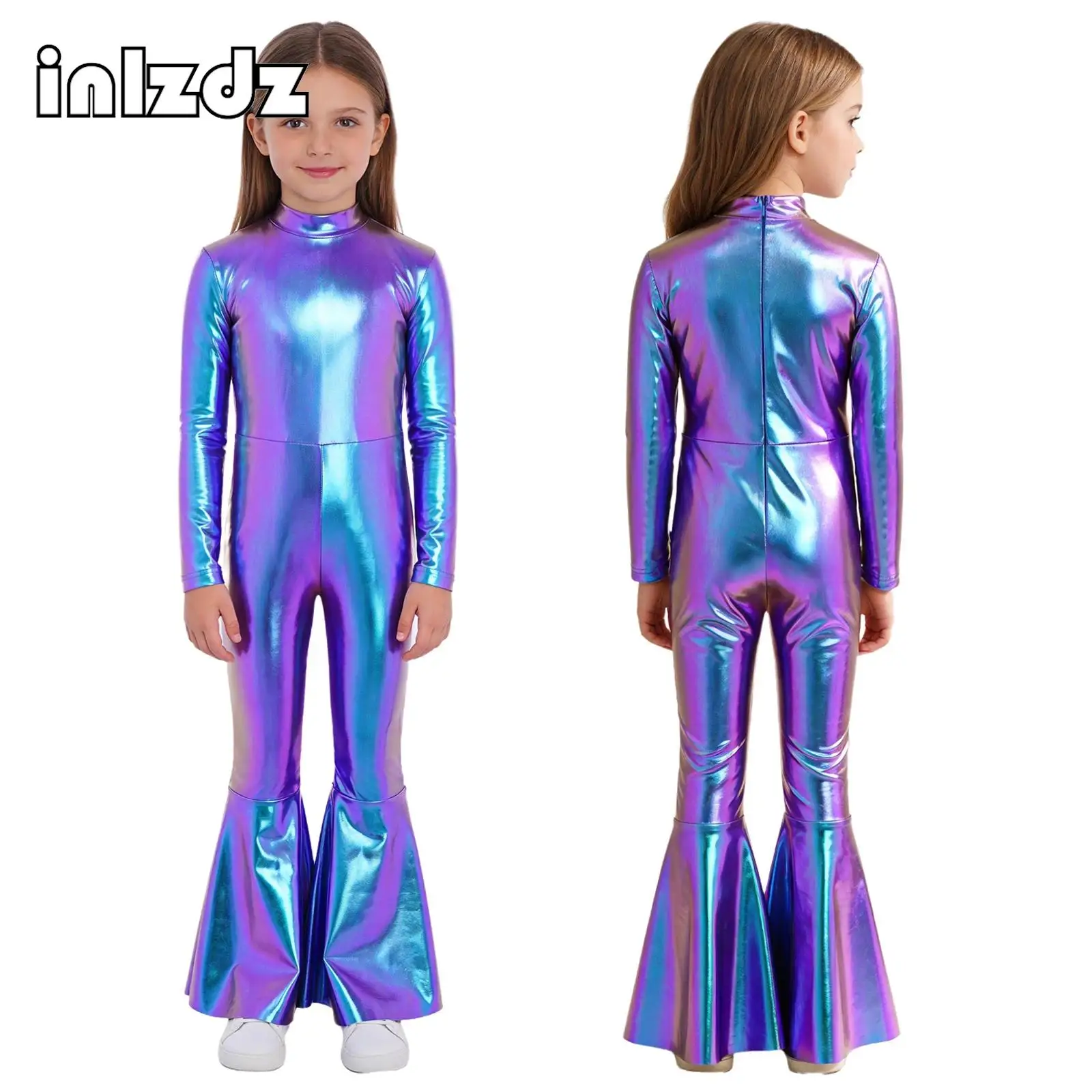 

Kids Girls Metallic Jumpsuit Jazz Dance Stage Performance Costume Long Sleeve Bell-Bottom Full Bodysuit for Theme Party Clubwear