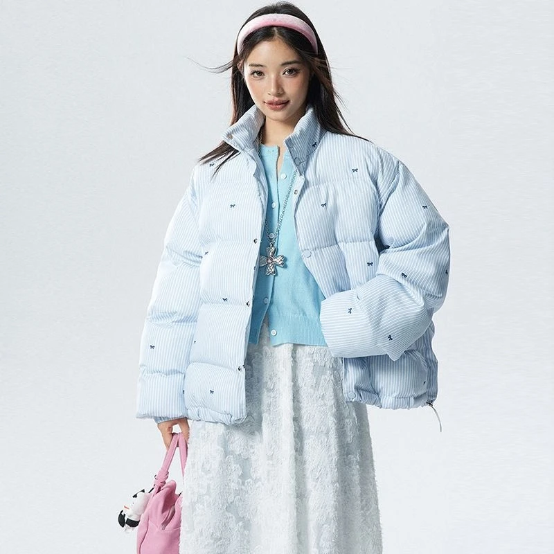 اليابانية الحلو معطف المرأة طويلة الأكمام مخطط القوس الديكور Kawaii عادية Y2K سترة دافئة الخريف الشتاء موضة أبلى #3