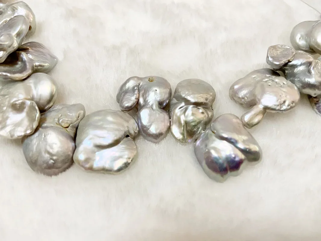 Elegant Women Top Pearl Necklace, AAA 22.3x16.5x7.2mm Gray Baroque Sea Pearl Necklace DIY Unfinished