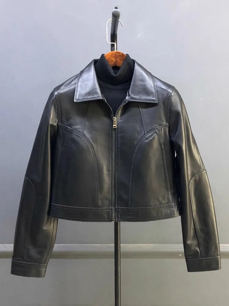 New Fashion Women Short Style Moto Biker Sheepskin Genuine Leather Jacket Zip Slim Fit Casual Autumn Windproof Real Leather Coat