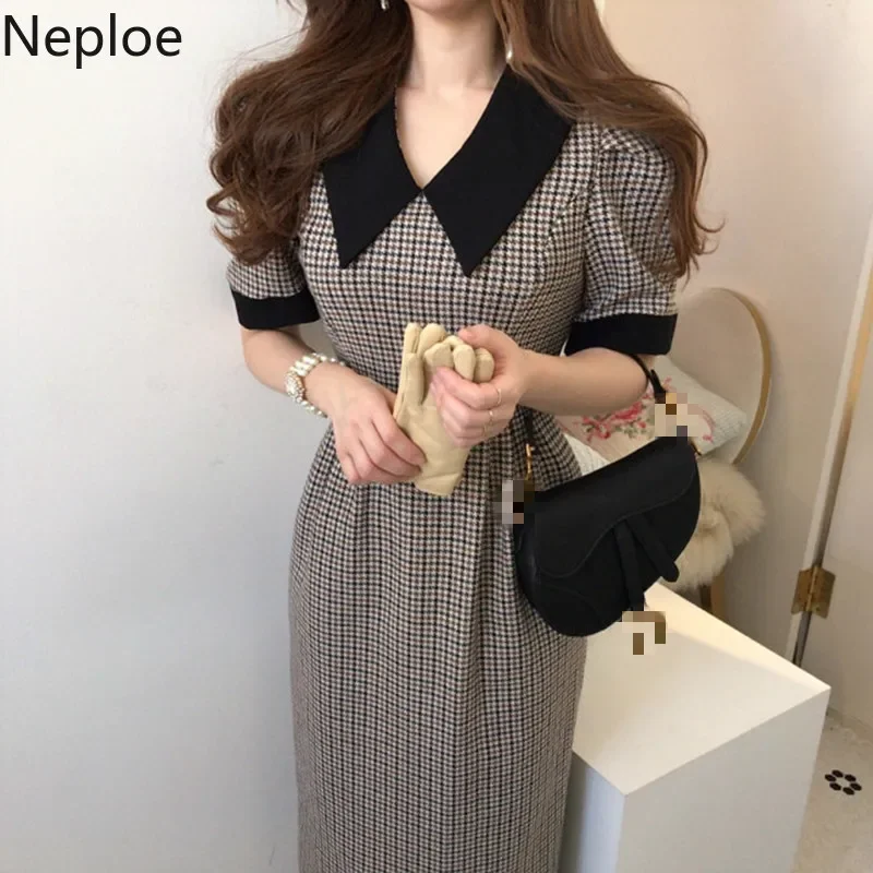 Neploe Korean Chic Contrast Color Patch Houndstooth Plaid Dress High Waist Hip Split Design Vestido Slim Fit Long Ropa New 49075