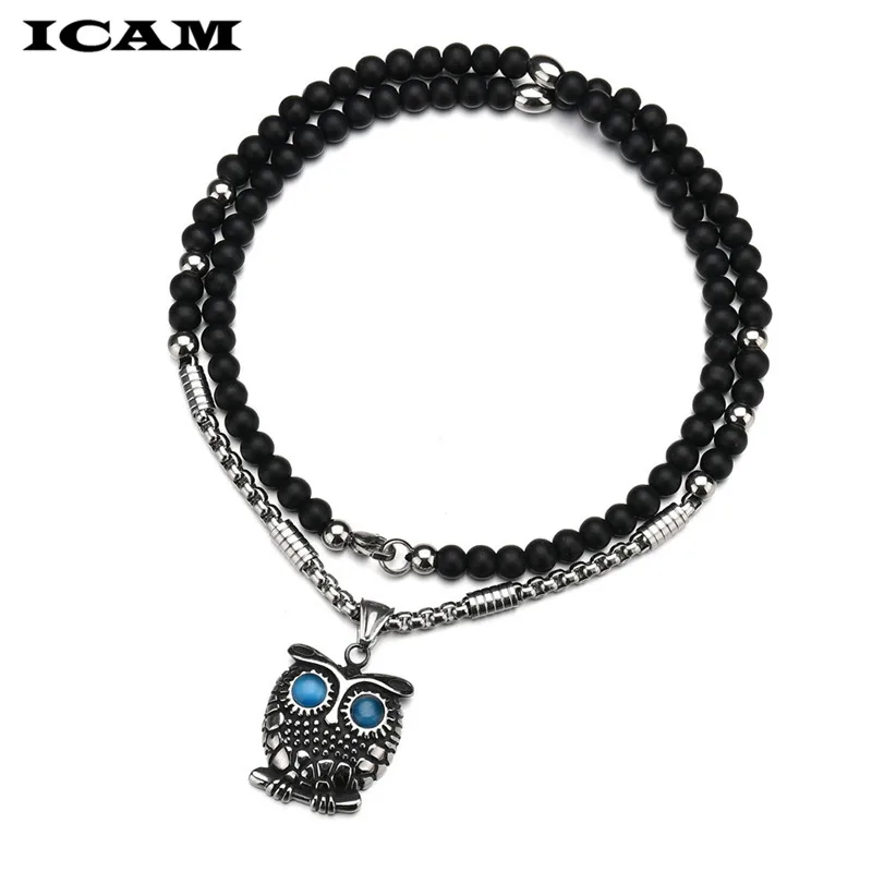 ICAM New Fashion Pure Black Beads Retro Owl Pendants Necklace Bijoux Maxi Statement Long Necklace For Women And Men Jewelry