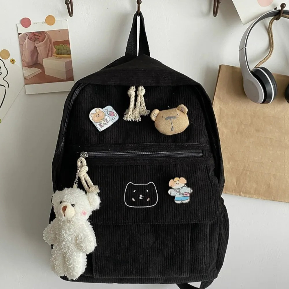 Pure Color Women Backpack Cute Zipper Large Capacity Corduroy Backpack Corduroy School Bags Students