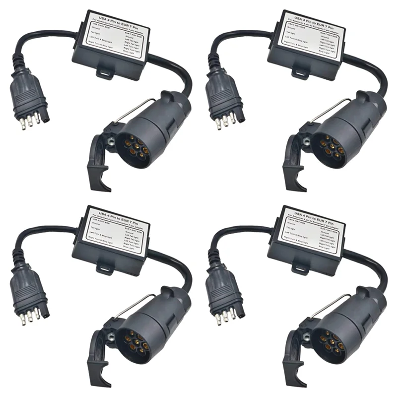 4X US to Europe Trailer Light Converter 4 Way Flat Socket (American Vehicle) to 7 Way Round Socket (European Trailer)