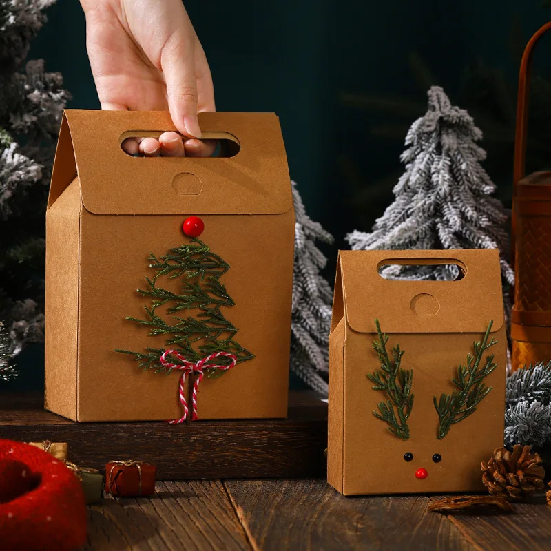 크리스마스 선물 크라프트 종이 가방, 갈색, 20.00x14.00x8.00 cm, 투명 창, 크라프트 종이, 1개, 만화 핸드백, 간식
