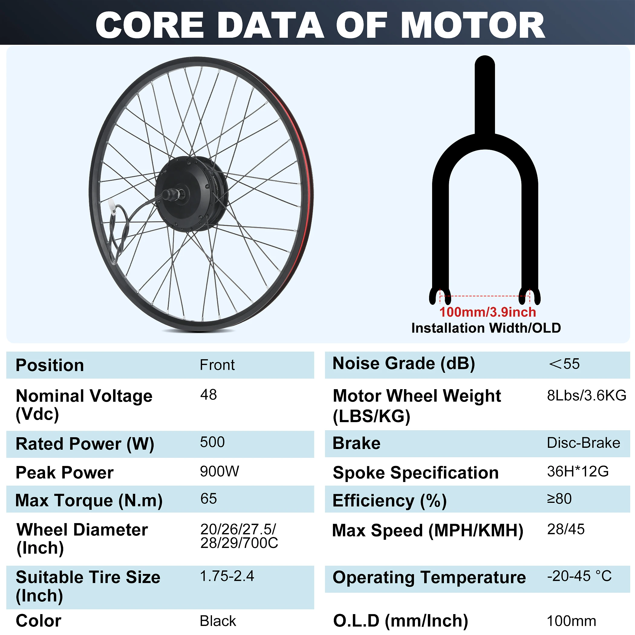 Front Wheel Ebike Conversion Kit, Convert bike to Electric Bicycle with 48V 500W Front Hub Motor, 900W Peak Power, 28mph Speed