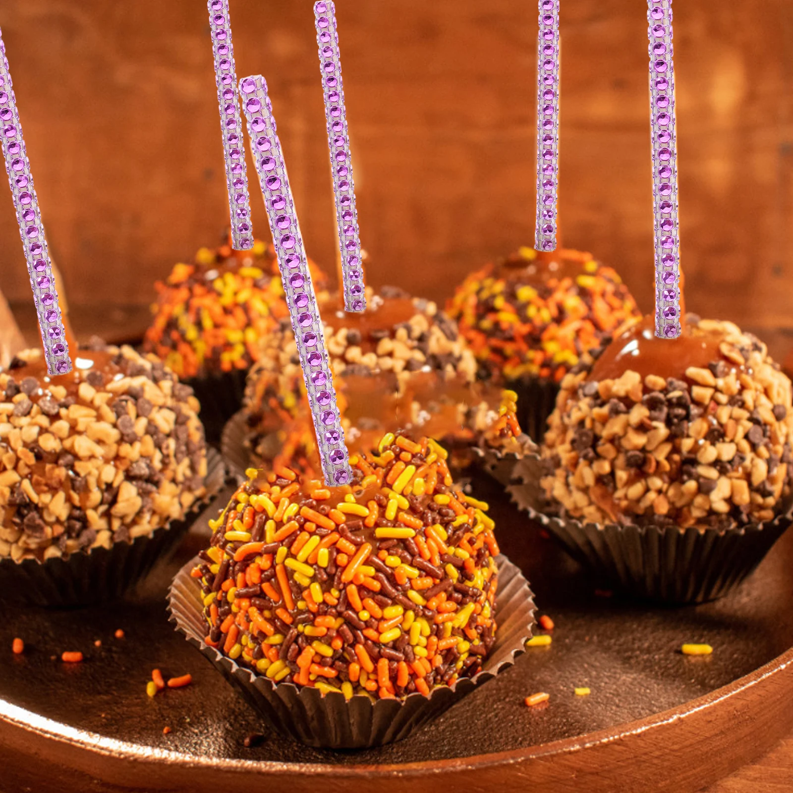 24 Uds. Palillos de manzana y caramelo, palitos decorativos de madera con diamantes de imitación para Chocolate y caramelo, palillos para piruletas y pasteles de fiesta, suministros para postres