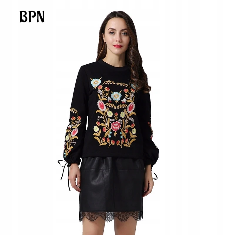 

BPN Hit Color Patchwork Embroidery Knitting Sweaters For Women Turtleneck Long Sleeve Spliced Lace Up Pullover Sweater Female