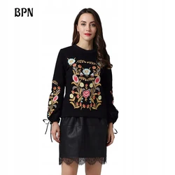 BPN Hit Color Patchwork Embroidery Knitting Sweaters For Women Turtleneck Long Sleeve Spliced Lace Up Pullover Sweater Female