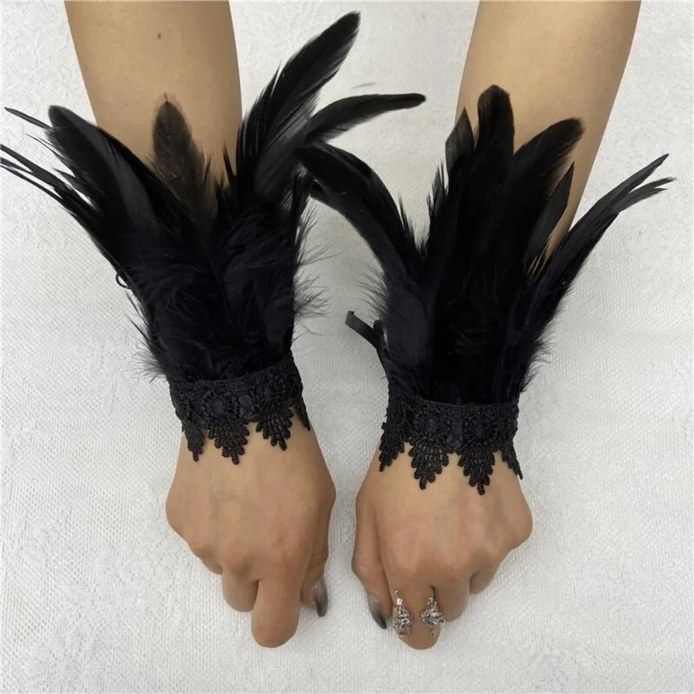 Lightweight Feather Wrist Gothic Punk Party Cosplay Women's Feather Wristbands Stage Show Multicolor Lace Feather Wrist Cuffs
