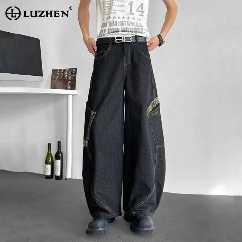 

LUZHEN 2025 New Personalized Leopard Print Patchwork Pockets Design Loose Jeans Men Fashion Streetwear Casual Denim Pants LZ9321