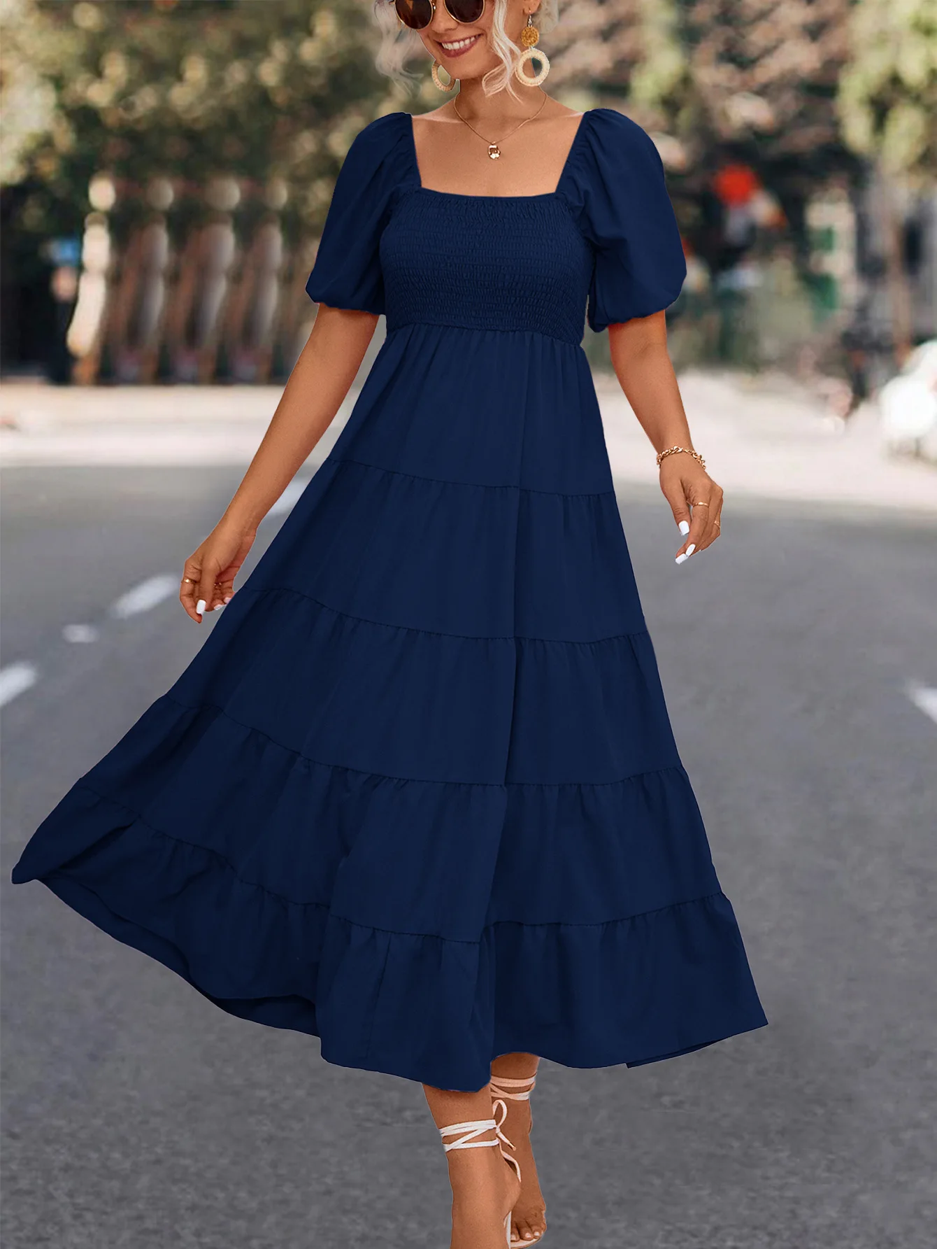 Women Solid Color Dress Square Neck Dress Puff Sleeve Fold Design Dress Casual Street Elegant Dress Women Loose Cake Dress