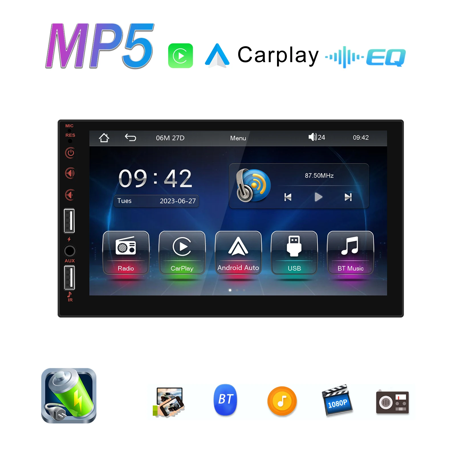 Podofo 1Din 7'' Auto-Multimediaplayer Kabelloses Carplay Android Auto Mirror Link Universeller Auto-MP5-Player Bluetooth FM DVR AUX-IN – Detail 1