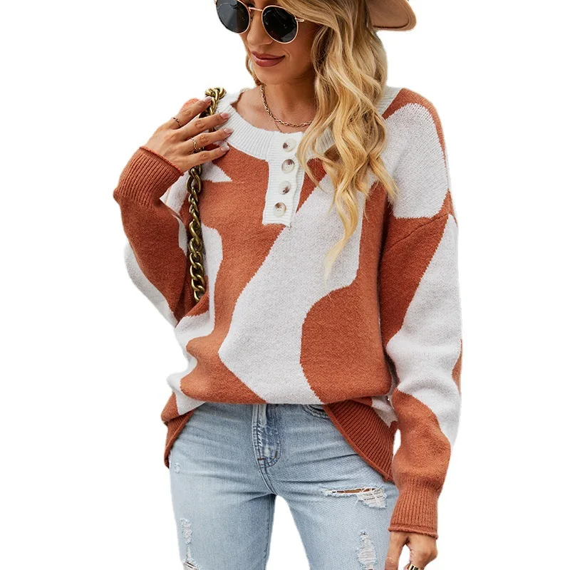 

Color matching jacquard cross-border knitted sweater 2023 winter new chest button pullover sweater women