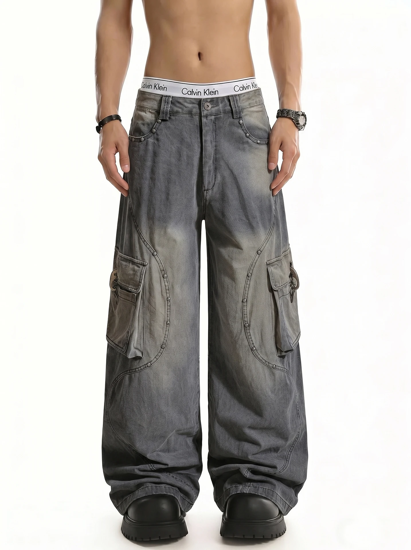 

American Style High Street Vintage Washed Distressed Rivet Loose Wide Leg Workwear Jeans Men's Casual Straight Cut Trousers