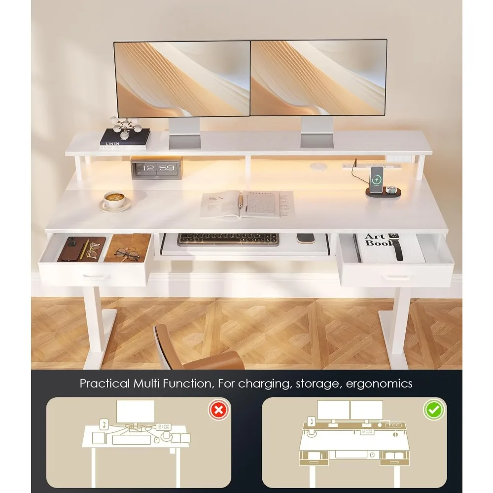 Electric Standing Desk with Drawers & Keyboard Tray, 55 Inch Height Adjustable Desk with Power Outlets & LED Lights