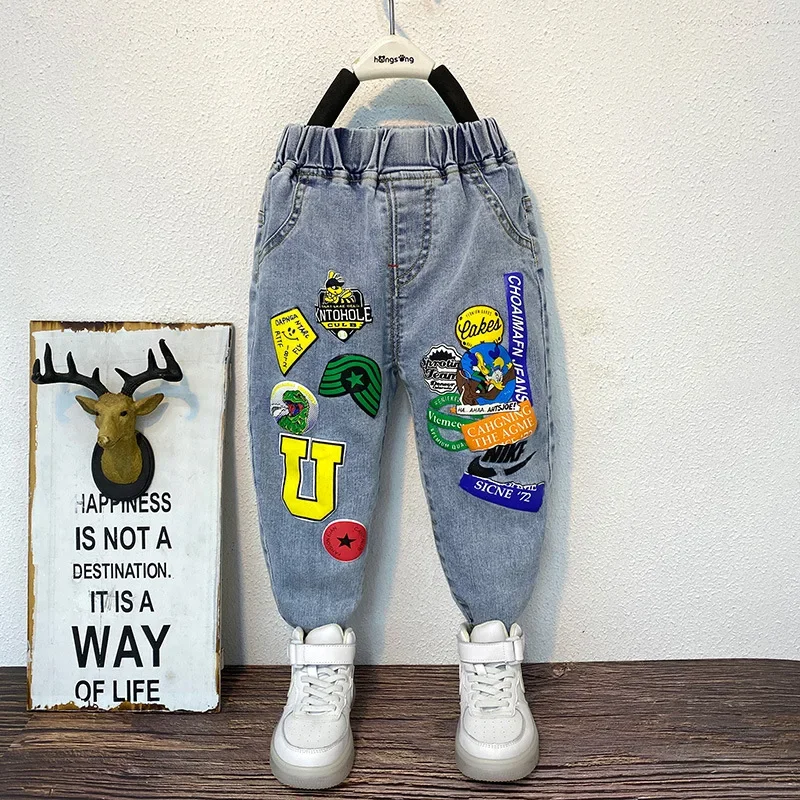 Boys' Graffiti Stretch Jeans Spring and Autumn New Children's All-Match Trendy Brand Pants Boys' Foreign Trade Crawler