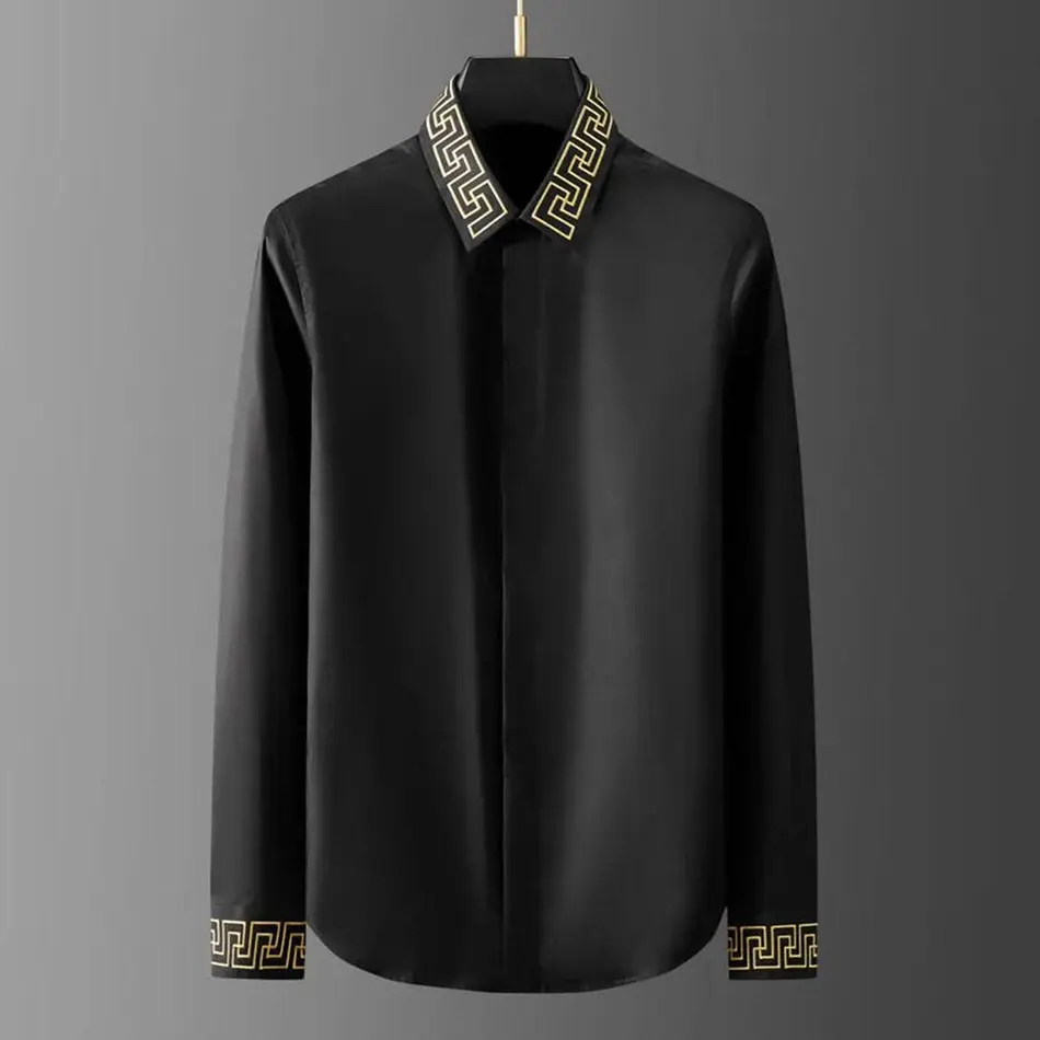 

light luxury men's long-sleeved shirt collar trendy brand cuffs embroidered casual men's clothing fashion slim-fitting